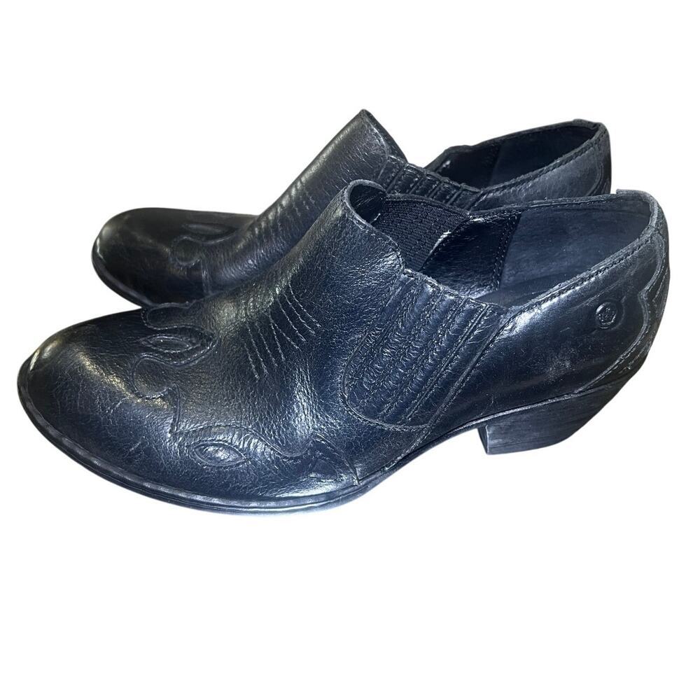 Born Black Distressed Leather Western Ankle Booties Comfort Heels EU 38 - Picture 2 of 13